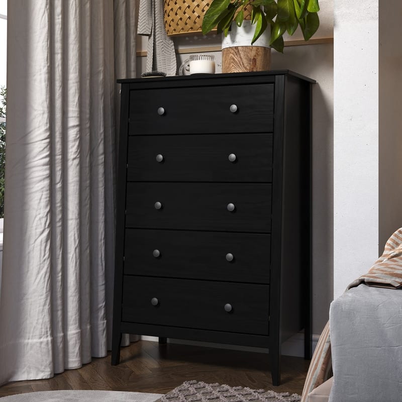 Jela Solid Wood 5 Drawer Dresser - Black