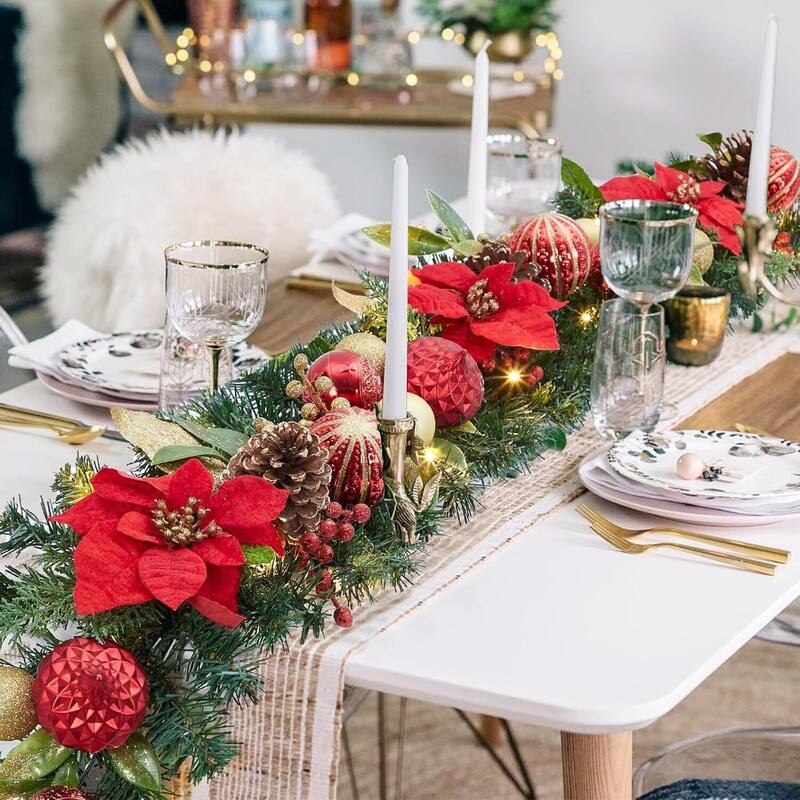 6ft Pre-Lit Outdoor Christmas Garlands with LED Lights Red Gold Balls Flowers - N/A