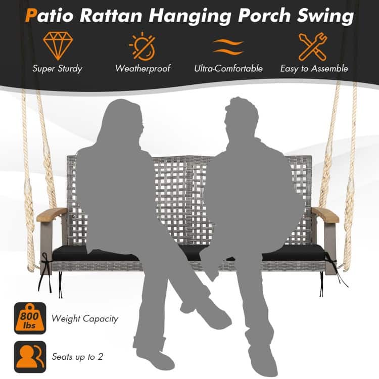 2-Person Patio Wicker Hanging Swing Chair - 55" x 27" x 21.5" (L x W x H)