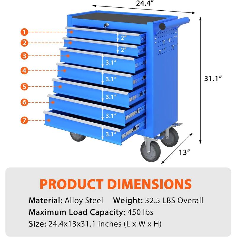 7-Drawer Rolling Tool Chest Toolbox with Keyed Locking