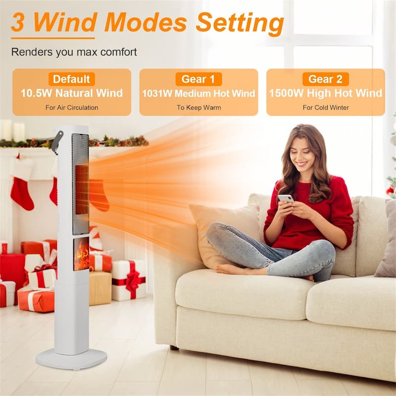 3D Flame Ceramic Tower Heater, 1500W Oscillating Space Heater with Remote