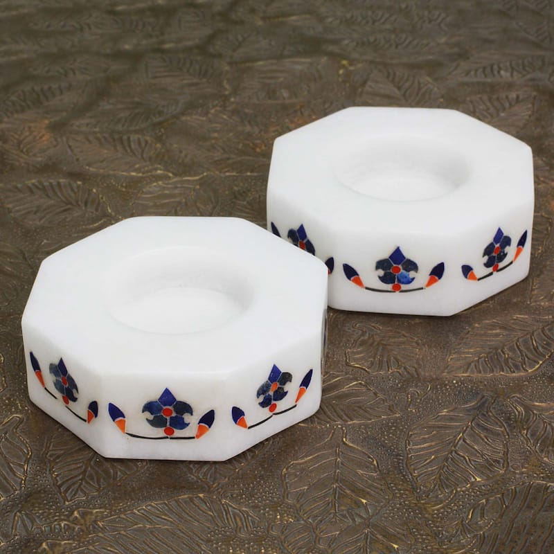 Novica Handmade Floral Alliance In Blue Marble Tealight Holders (Pair)