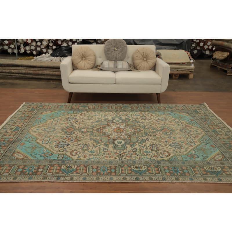 Hand Knotted Oriental 100% Wool Carpet Traditional Floral Beige & Ivories Tabriz Area Rug - 9' 2'' X 6' 5''