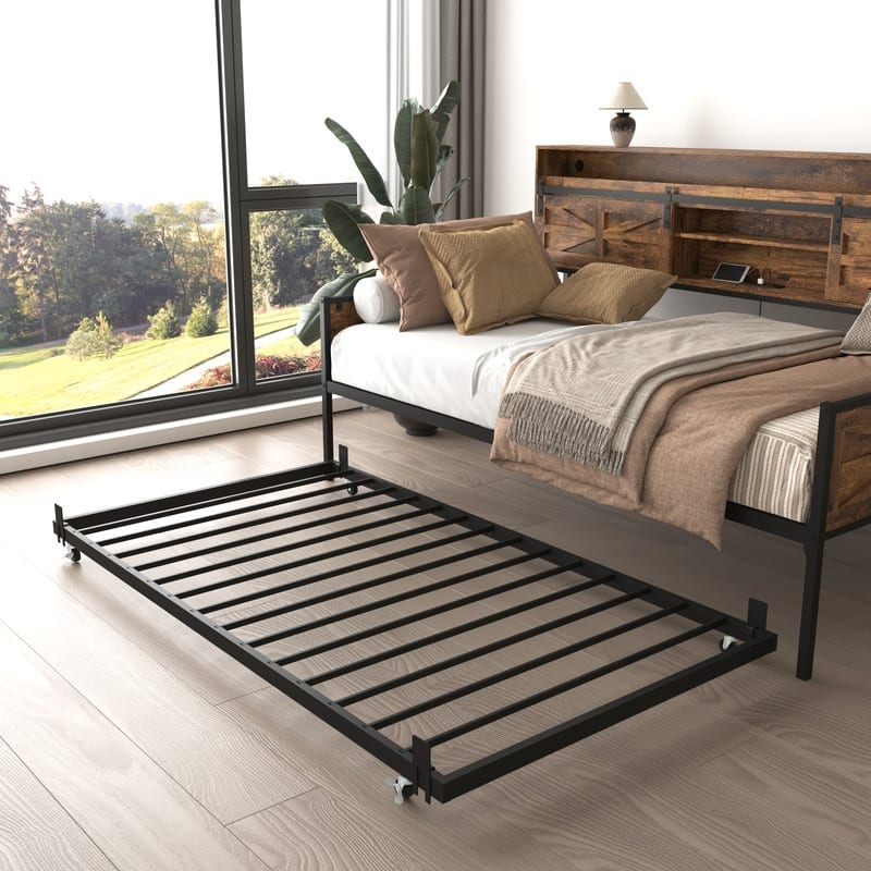 Rustic Brown Farmhouse Twin Daybed With Trundle - Sliding Barn Door Headboard, Built-In Charging Station & LED Lighting