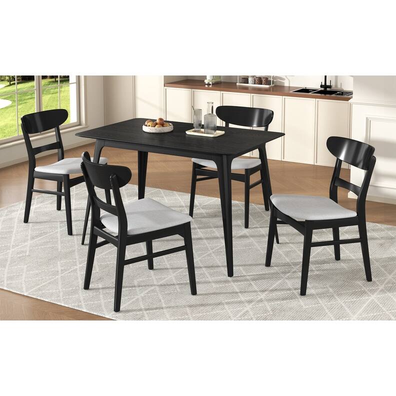 Mid-Century Modern 5-Piece Dining Set - Rubberwood & Upholstered Chairs - Black+Light Gray