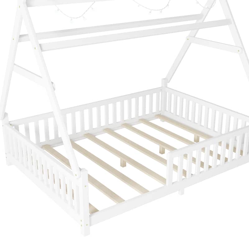 Full Low Floor House Bed with Fence and Roof for Kids Boys Girls - White