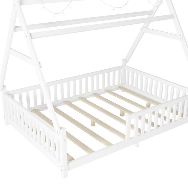House Bed with Light, Low Toddler Floor Bed House-shaped Roof Frame with Fence and Roof for Kids Boys Girls