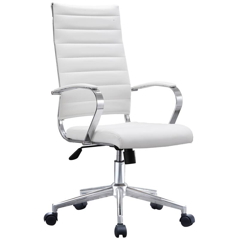 Modern Brown High Back Office Chair Ribbed PU Leather Swivel Conference Room Computer Desk Visitor Vintage Retro Boss - White