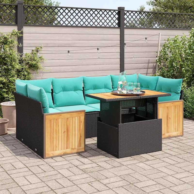 vidaXL Patio Sofa Set with Cushions Outdoor Furniture 7 Piece Poly Rattan - 21.7 x 24.4 x 27.2 - Black-with storage