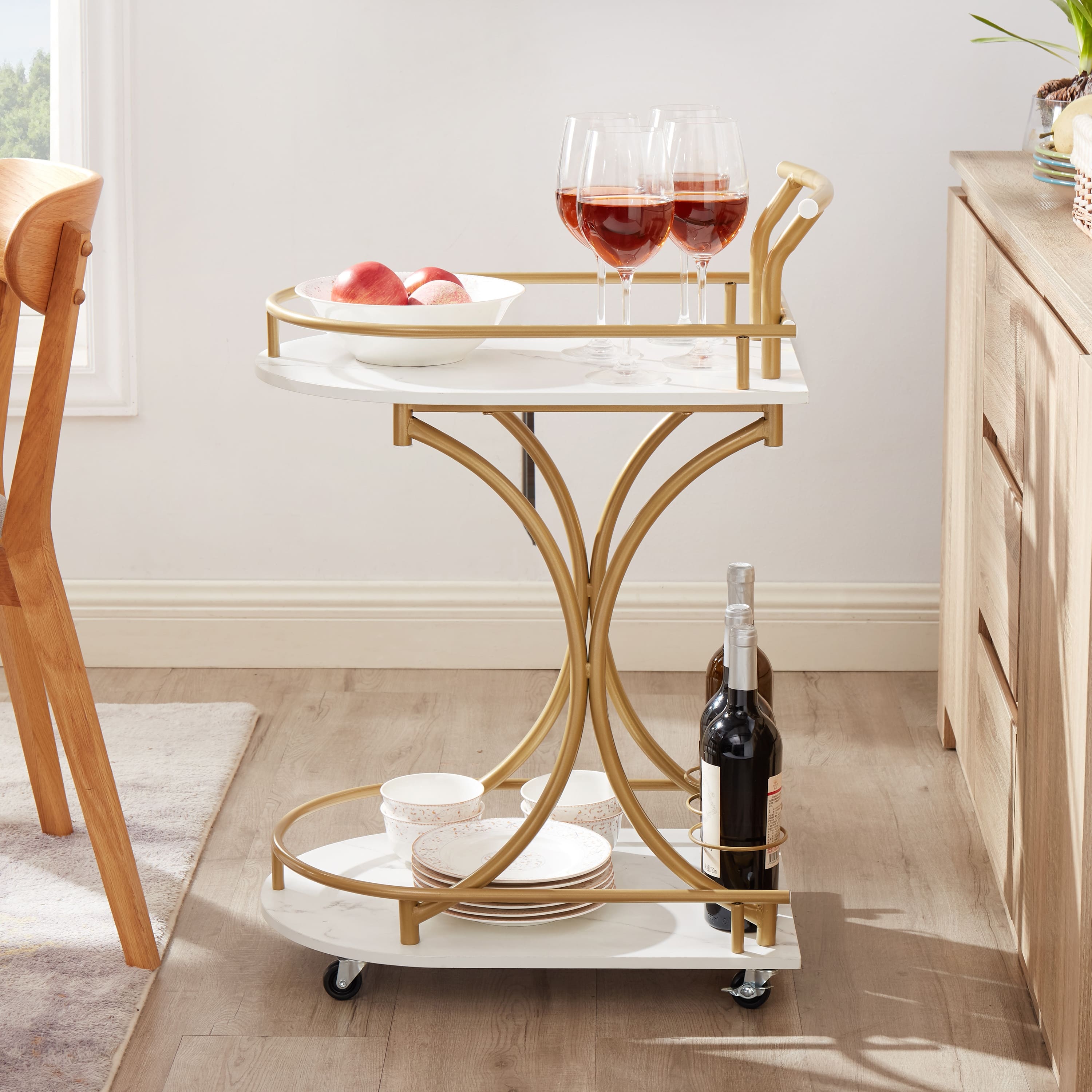 2Tier Bar Cart on Wheels, Modern Mobile Bar Trolley Serving Cart with Wine Rack, White+Gold
