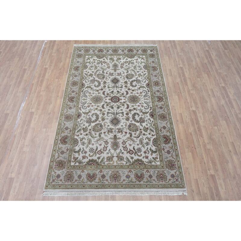 Hand Knotted Oriental 100% Wool Carpet Traditional All-Over Beige & Ivories Agra Area Rug - 9' 3'' X 6' 0''