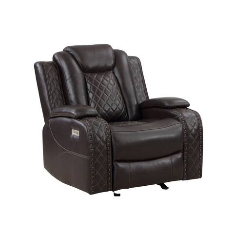 Josi 38 Inch Glider Recliner, Brown Leather, Storage Arms, Pocket Coils