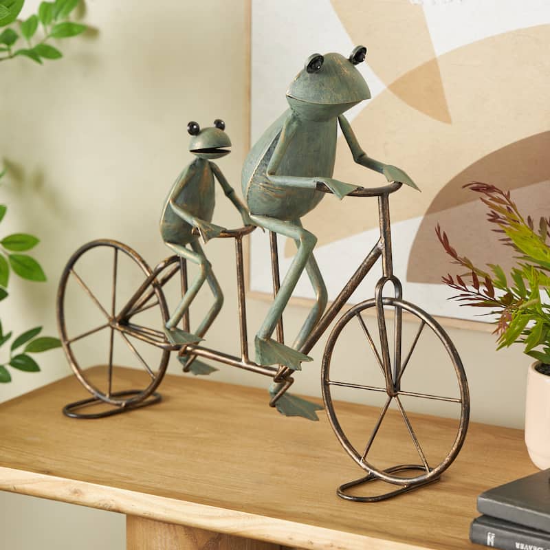 Metal Frog On Bicycle Garden Sculpture with Gold Accents - Copper or Green - Roche River Decor