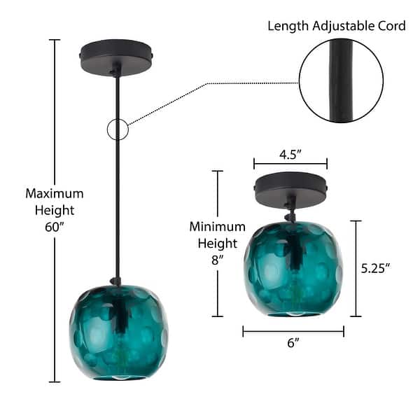 dimension image slide 1 of 2, Quinn River of Goods Black Metal and Hand Blown Glass 6-Inch Pendant Light with Adjustable Hanging Cord - 6" x 6" x 60"