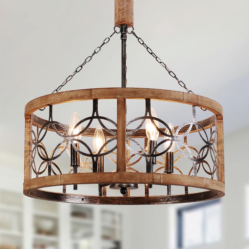 Cusp Barn 4-Light Rustic Wood Chandelier Shabby Hanging Lamp Farmhouse Drum Pendant Light Fixtures for Entryway