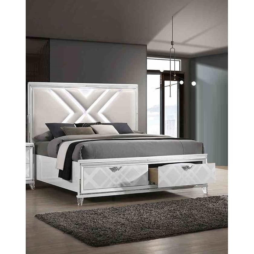 Contemporary White Finish Solid Wood LED Drawers Bed 1pc