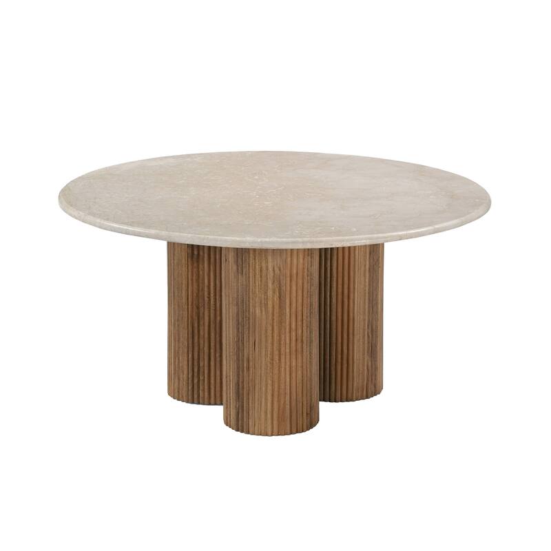 Cid Den Coffee Table, Brown Wood, Round Botticino Marble Top, 27 Inch