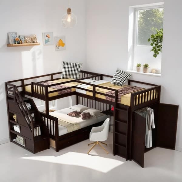 slide 2 of 9, Twin-Twin over Full L-Shaped Bunk Bed with Portable Desk and Wardrobe, Wooden Kids Loft Bed Frame with 3-Drawers, Espresso Espresso