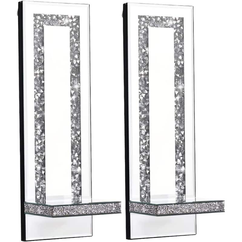 Set of 2 candle light silver wall light wood, mirror & glass decor light
