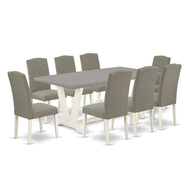 East West Furniture Dining Table Set- a Dining Table and Dark Shitake Linen Fabric Chairs, Linen White(Pieces Options)