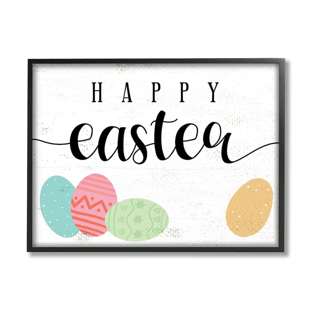 Stupell Happy Easter Greeting Fun Pattern Spring Holiday Eggs Framed Wall Art - White