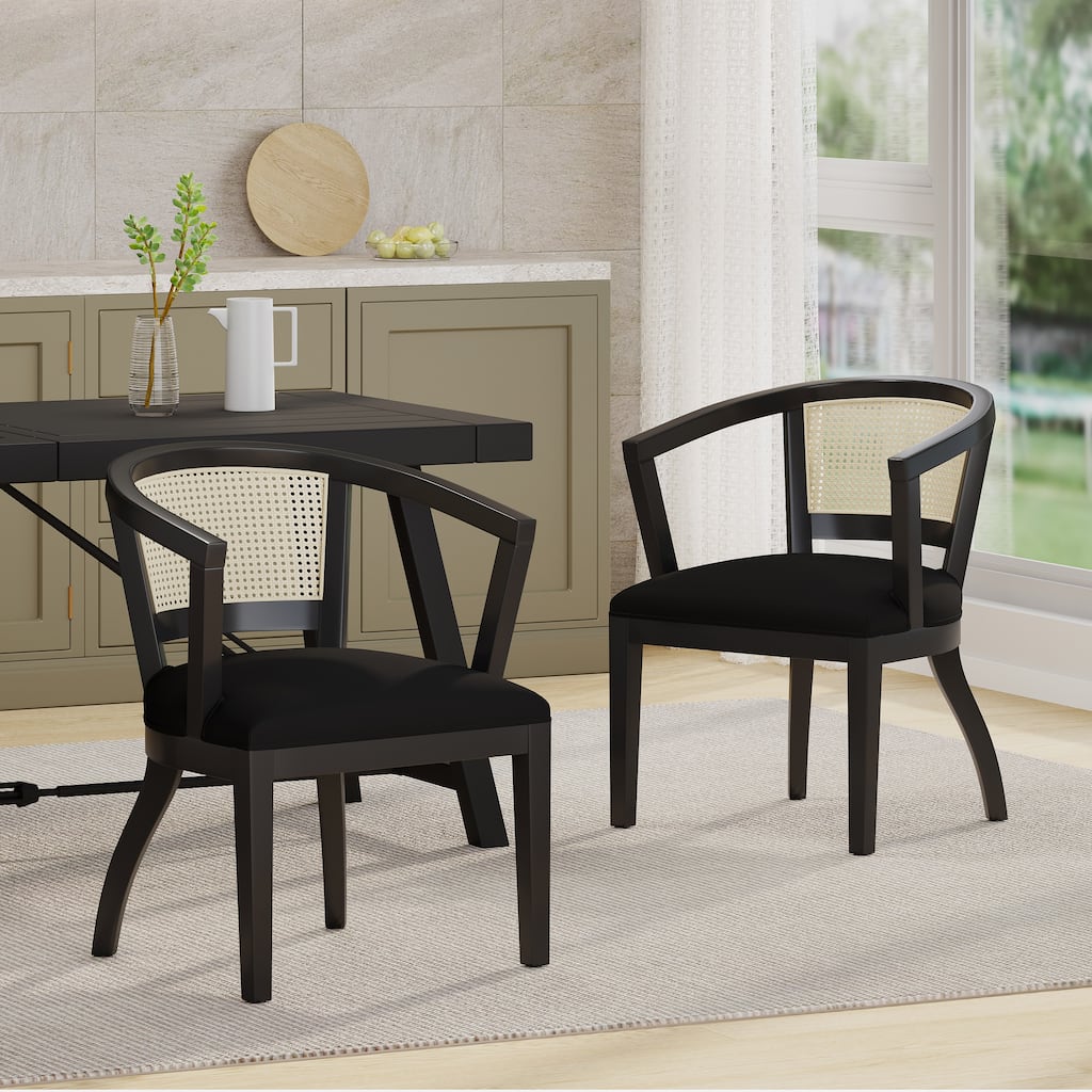 Modern Set of 2 Dining Chairs with Rattan Web Backrest Cushioned Seat, Solid Wood Frame for Dining Room Living Room and Balcony