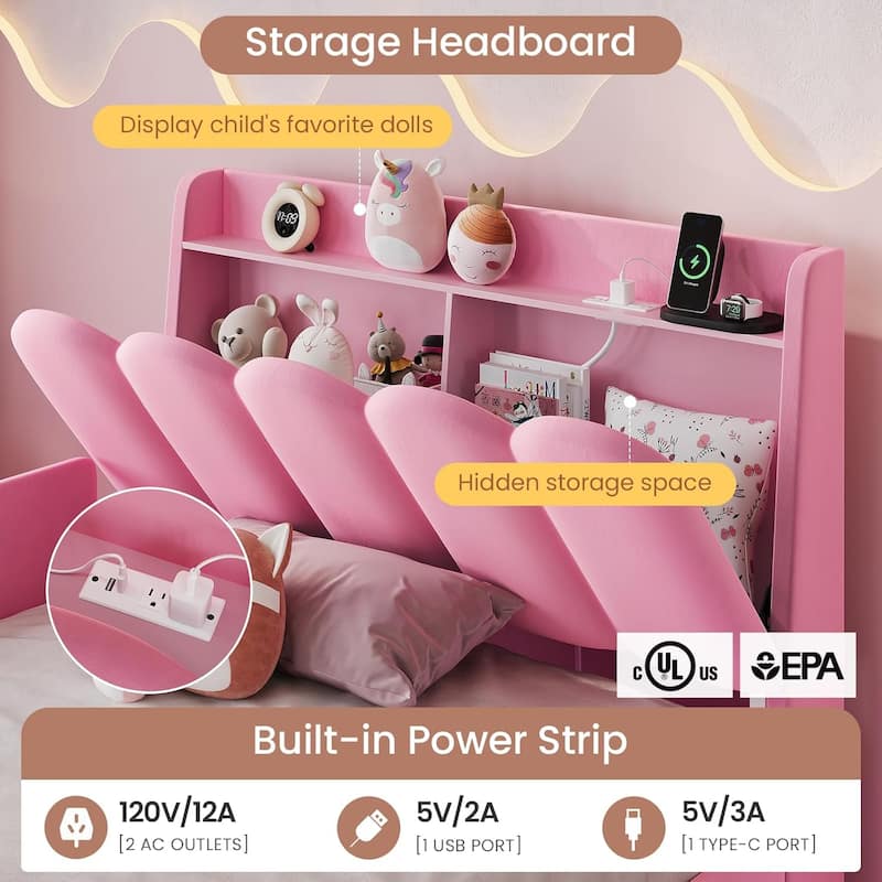 LED Bed Frame Storage DrawerSafety Guardrails Velvet Princess Platform Bed Kids