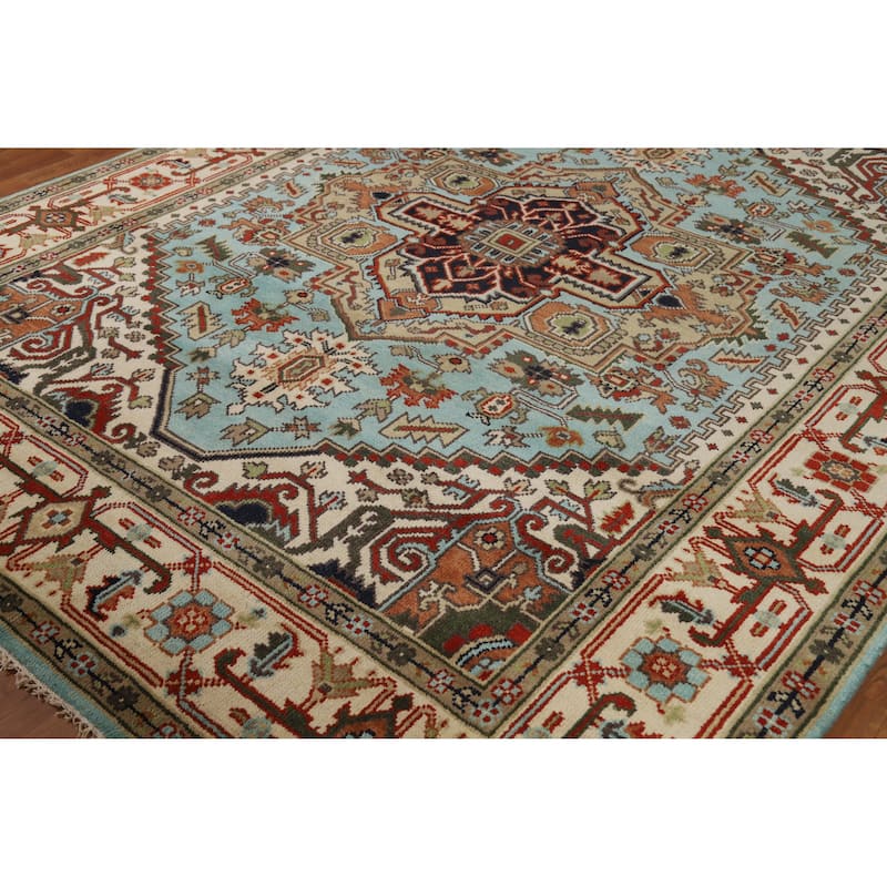 Light Blue Geometric Heriz Serapi Indian Rug Hand-Knotted Wool Carpet - 8'0" x 9'9"