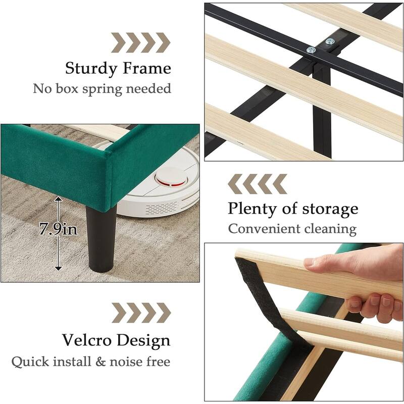 VECELO Upholstered Bed Frame with Adjustable Height Headboard, Twin/Full/Queen Size Beds, Dark Green
