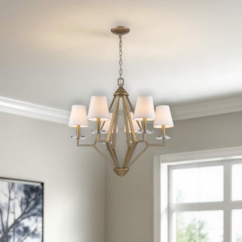 HomeRoots Gold Candle Style Six Light Metal and Crystals Dimmable Chandelier With White Shades - 28' X '26.25' X '28 - 28' X '26.25' X '28