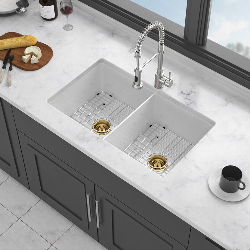 32 Inch Undermount Double Bowl Ceramic Kitchen Sink in White - 32'' x 19'' x 10''