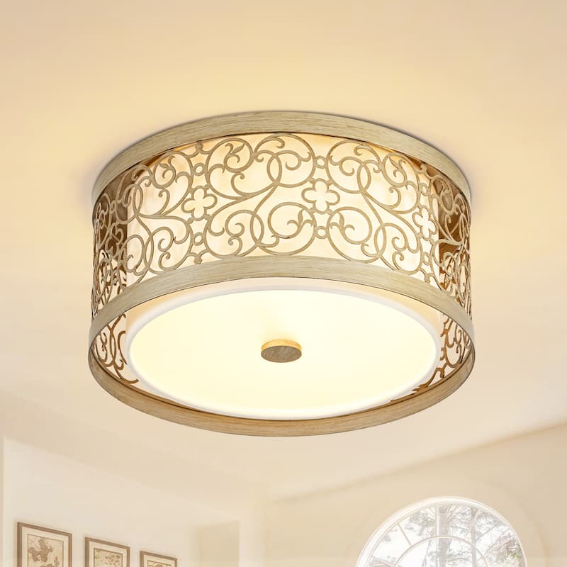 2-Light Mid-Century Modern Unqiue Handcrafted Sunset Gold Flush Mount Light with White Fabric Shade for Living Room & Bedroom