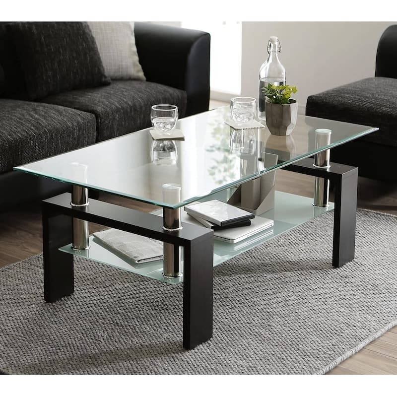 Rectangle Coffee Table Glass Tabletop with Lower Shelf