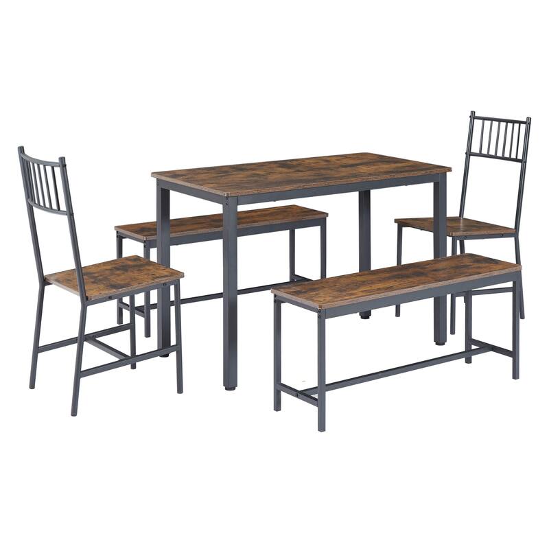 Industrial 5-piece Dining Table Set with 2 Benches 2 Back Chairs