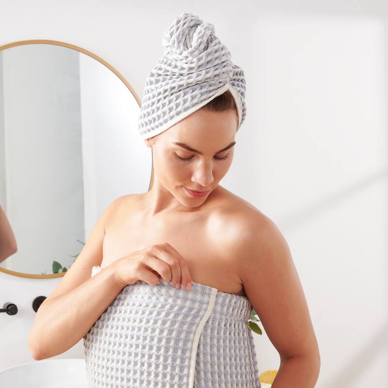 DKNY PURE Yarn Dyed Waffle Body Wrap and Hair Wrap Set