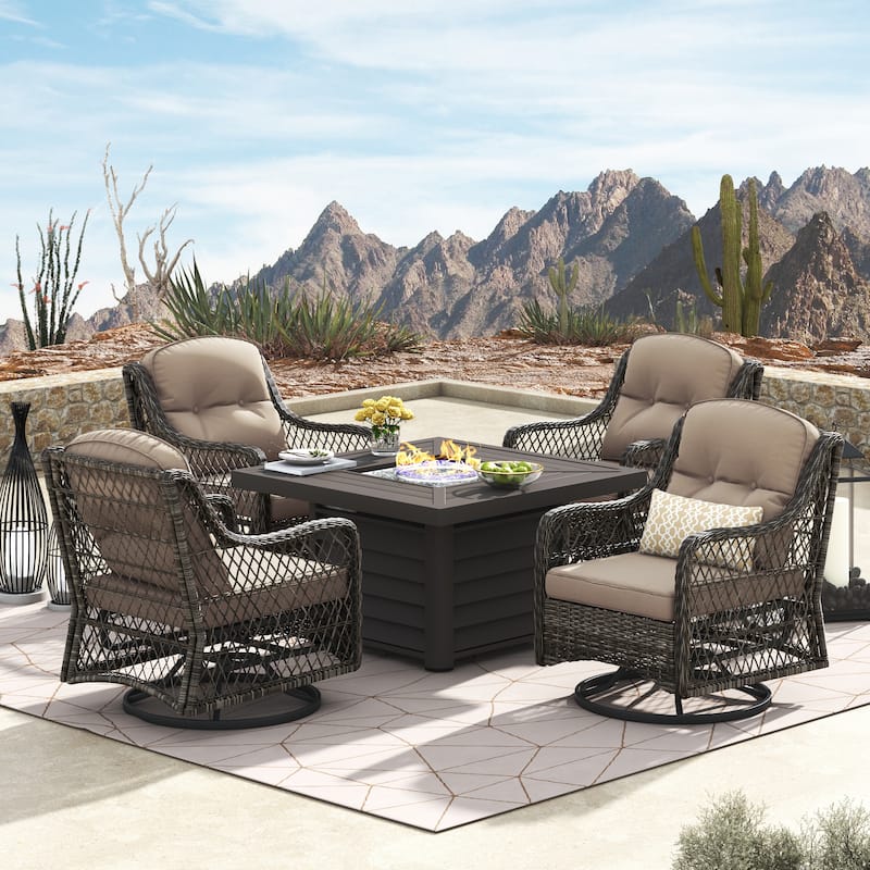 Corvus Vasconia 5pc Outdoor Resin Wicker Swivel Chat Set with Fire table