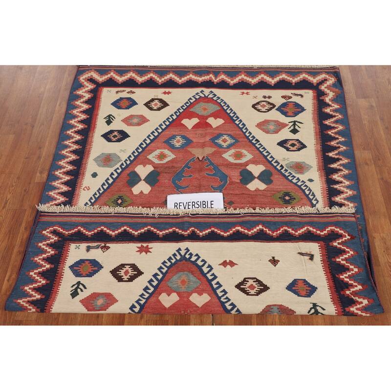 Tribal Kilim Qashqai Persian Vintage Rug Hand-Woven Wool Carpet - 4'8"x 6'3"