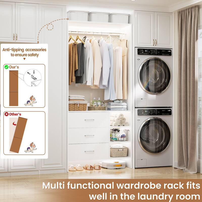 Cimly 30'' W Freestanding Closet Sytem with Hanging Rod, Closet Organizer with Drawers and Shelves