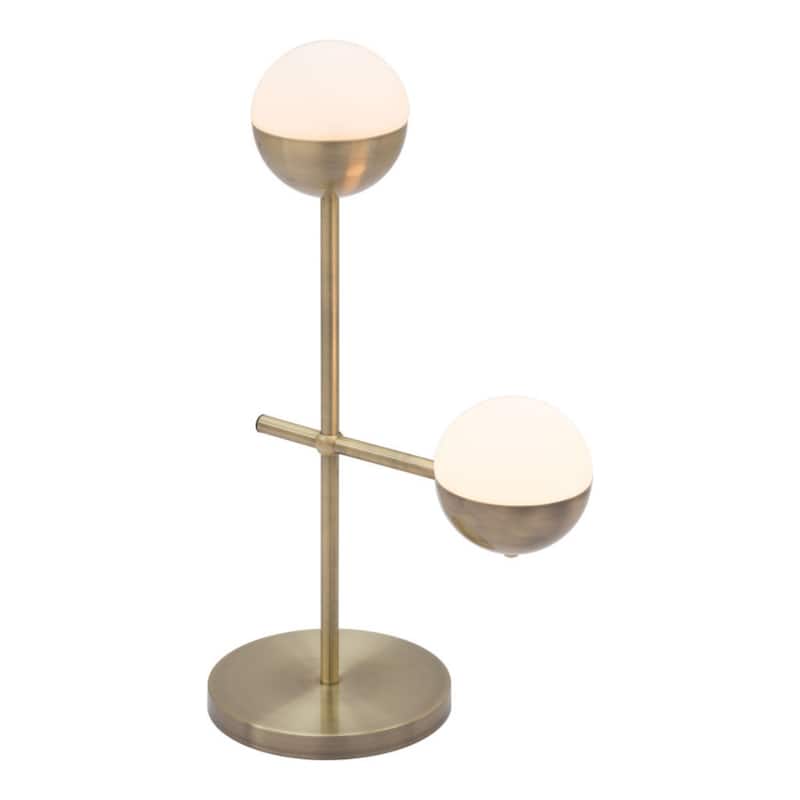 Brass Metal Bedside Table Lamp with Off White Glass Globe Shade Rotary Switch - 16.5” x 9.8” x 27.2” (D x W x H)