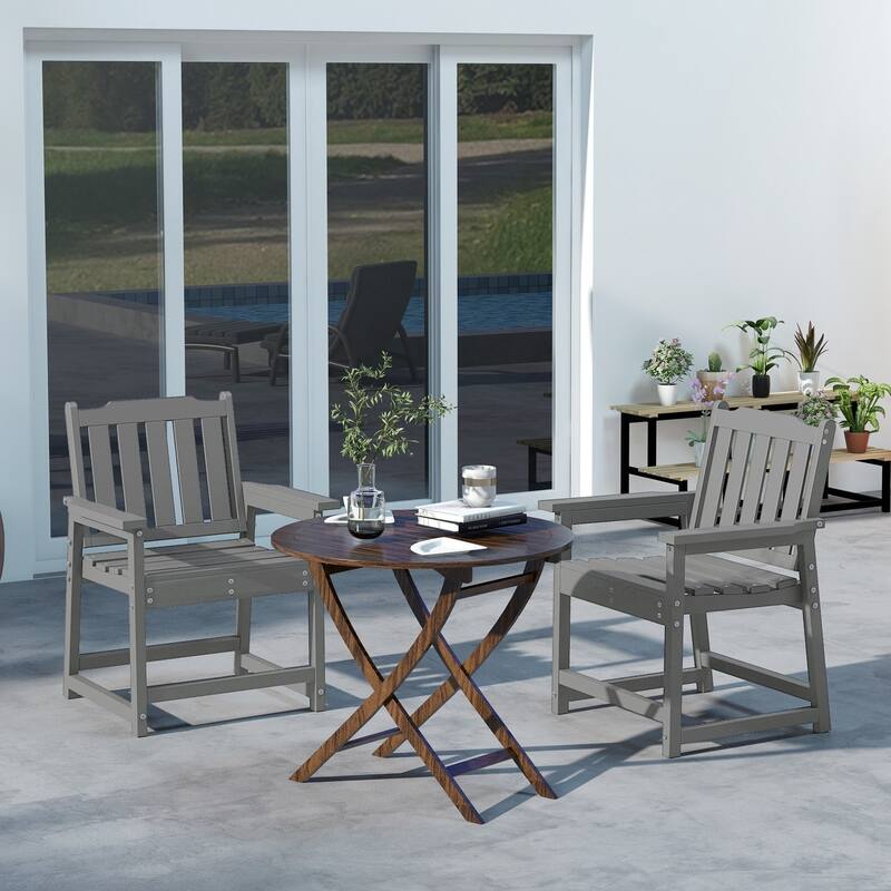 Outsunny Set of 2 HDPE Patio Chairs, Outdoor Dining Chairs with Armrests and Slatted Back, Outdoor Armchairs - Grey