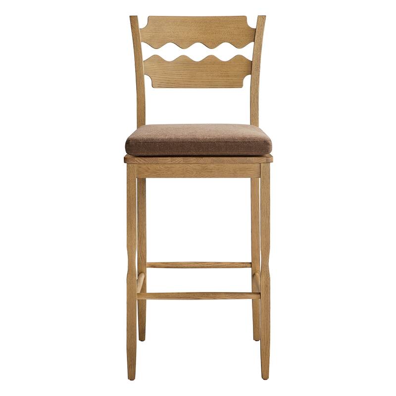 Jax Oak Wood Bar Stool With Wavy Razor Back and Cushion