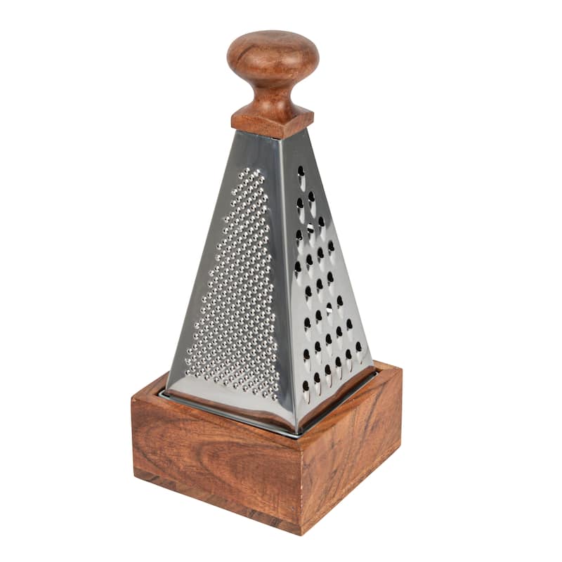 Handheld Stainless Steel Grater with Acacia Wood Handle - 4.8"L x 4.8"W x 11.0"H