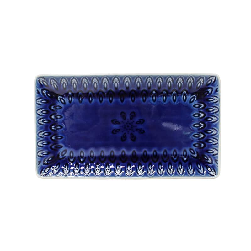 Euro Ceramica Peacock 12" Rectangular Crackle-Glazed Platter - 12.00 in. x 6.69 in. x 1.06 in.