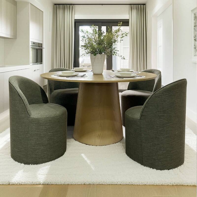 Upholstered Barrel Linen Dining Chair with Casters(Set of 4)