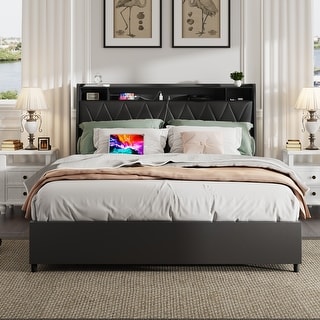 Queen Size Metal Platform Bed with Ergonomic Headboard