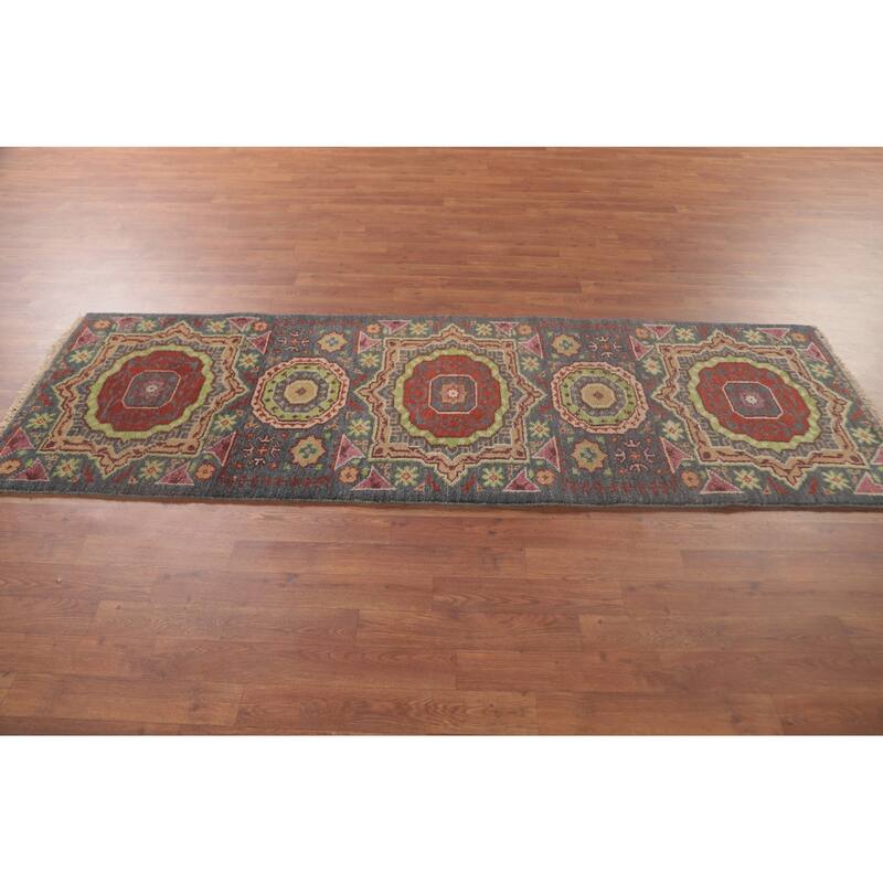 Geometric Grey Kazak Runner Rug Hand-Knotted Wool Carpet - 2'6"x 7'9"
