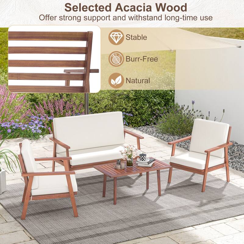 Costway 4 PCS Patio Conversation Set Acacia Wood Sofa Coffee Table - See Details