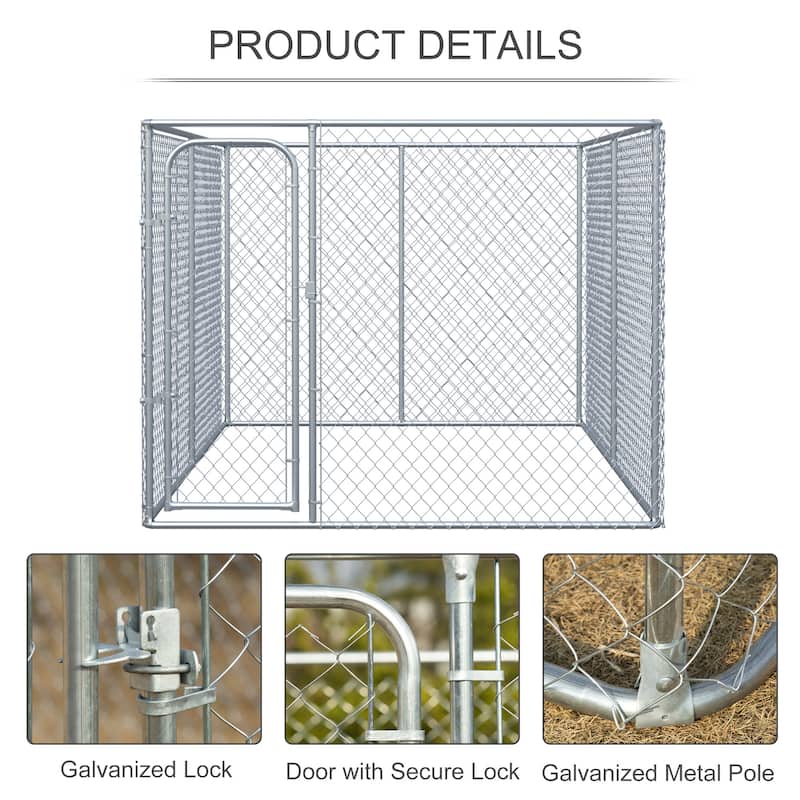 PawHut Outdoor Dog Kennel Galvanized Chain Link Fence Heavy Duty Pet Run House Chicken Coop with Secure Lock Mesh Sidewalls
