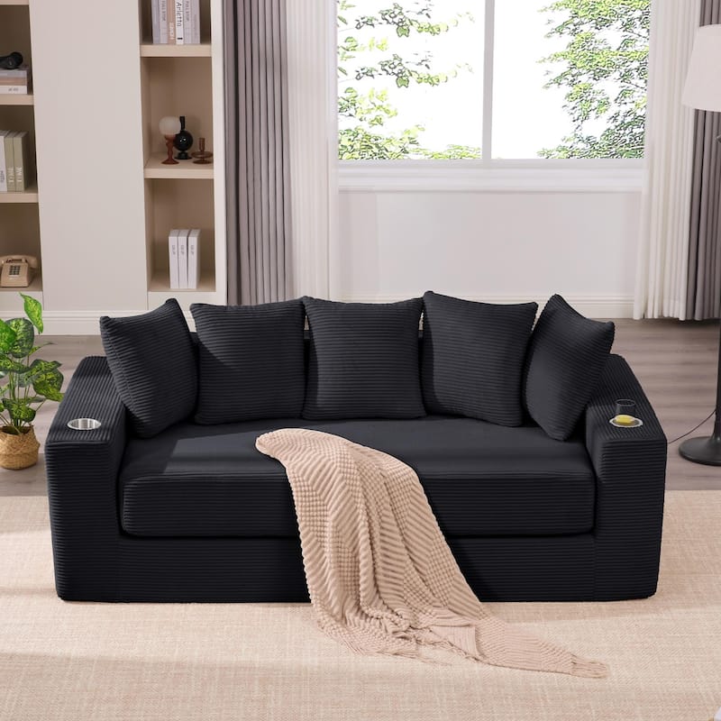Convertible Corduroy Sleeper Loveseat Sofa Bed 3 Seater Floor Folding Couch with 5 Pillows, Cup Holders and Side Pockets