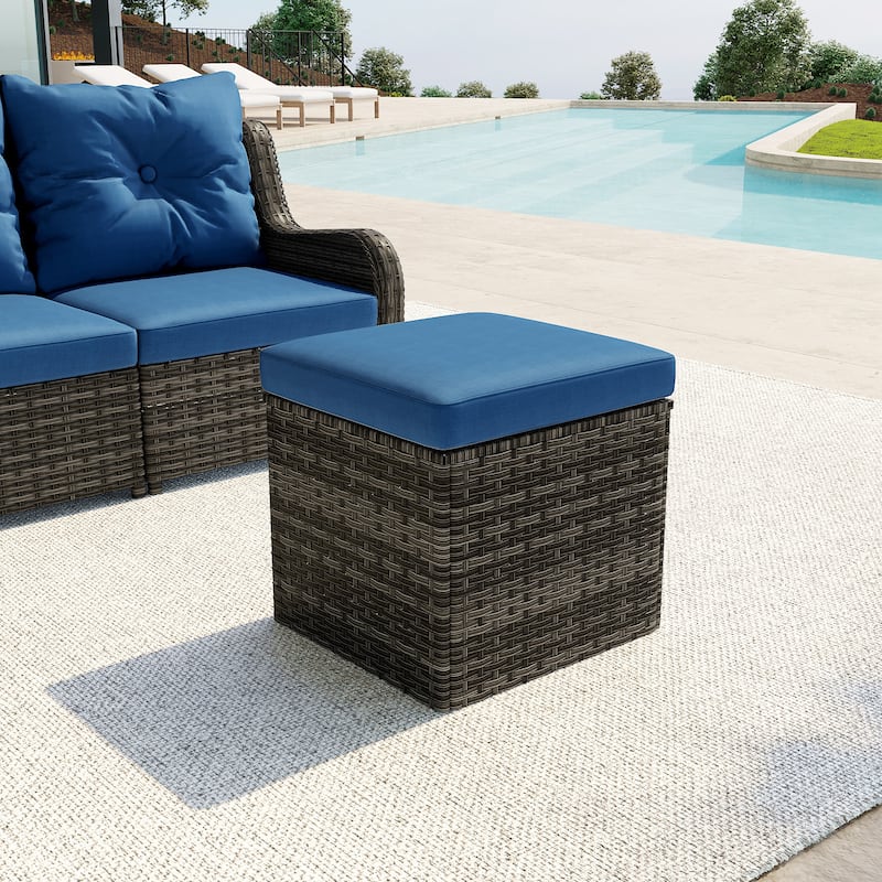 17.7" W Outdoor Rattan Patio Square Ottoman with Seat Cushion